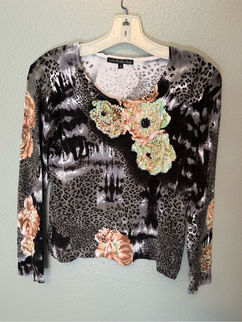 Pierri New York Black & Peach Floral Sequin Embellished Long Sleeve Top